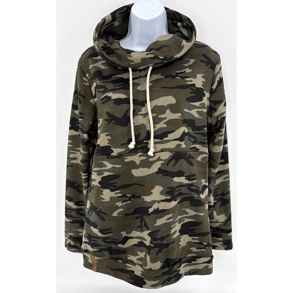 Ampersand Cowl Neck Sweatshirt Women's M Camo Funnel Pullover Stretch Knit